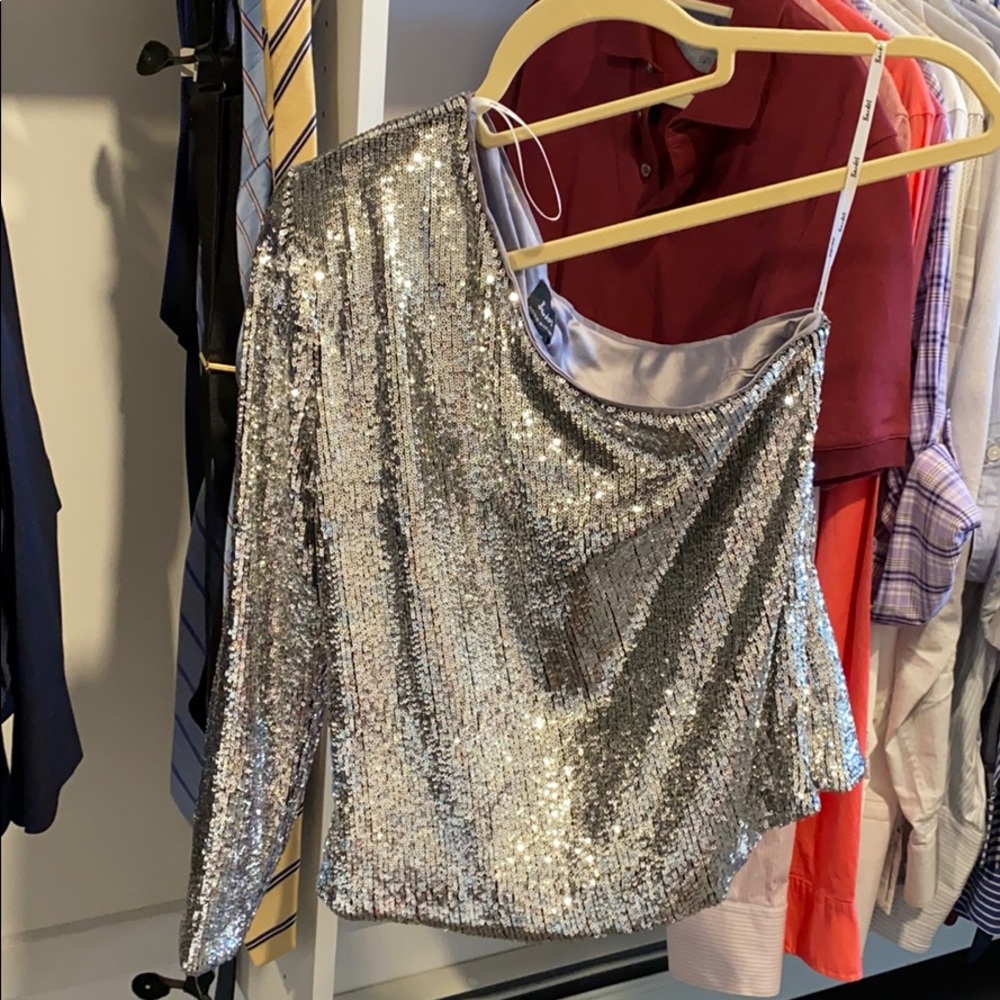 Bardot one sleeve sequence top